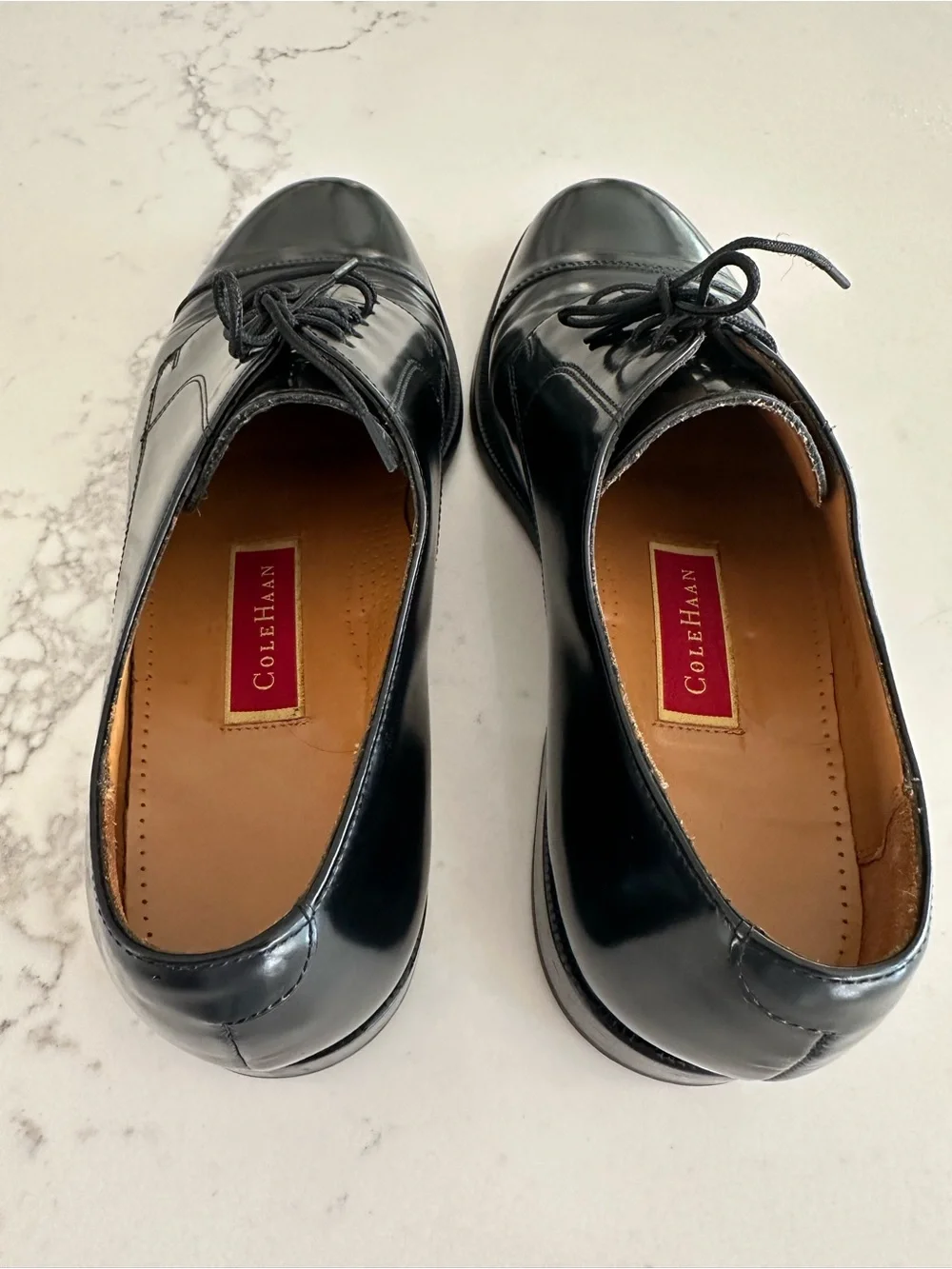 Cole Haan Black Leather Cap-Toe Derby Lace-Up Shoes